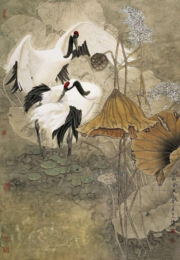 窦申清仙鹤工笔画国画作品欣赏