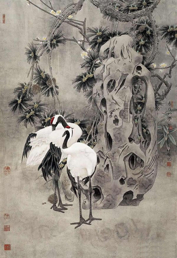 窦申清仙鹤工笔画国画作品欣赏